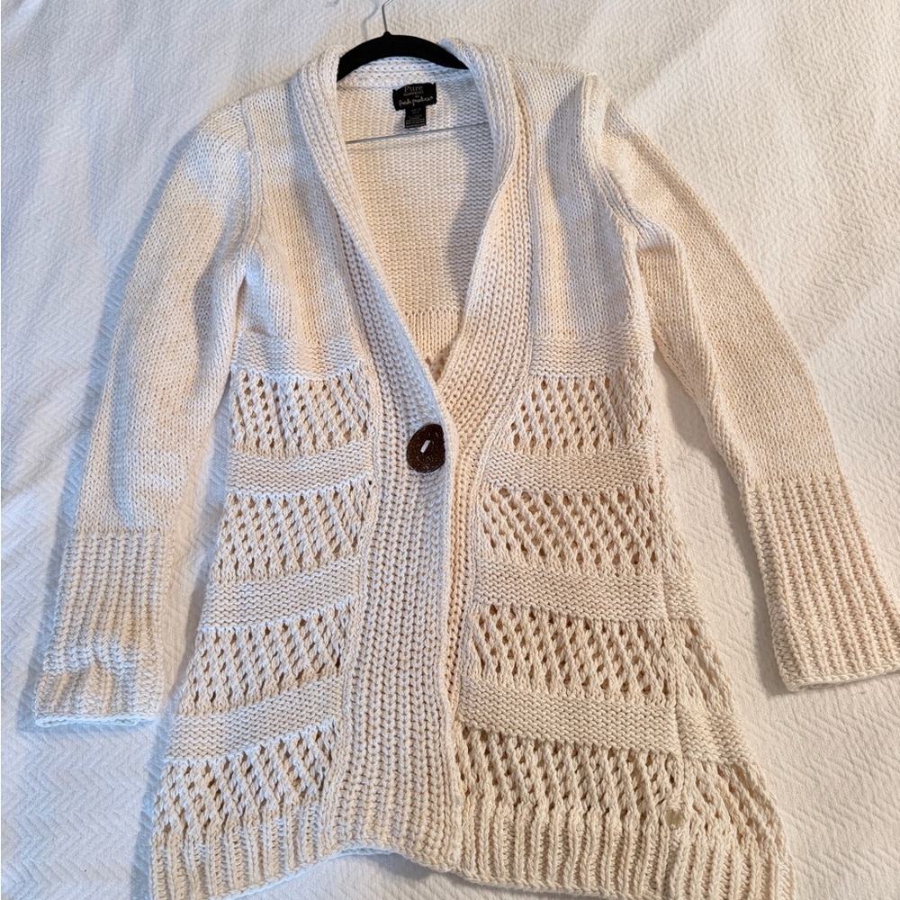 Open-Knit Cream Single-Button Cotton Crocket Unique Vinatge Cardigan Size XS/S